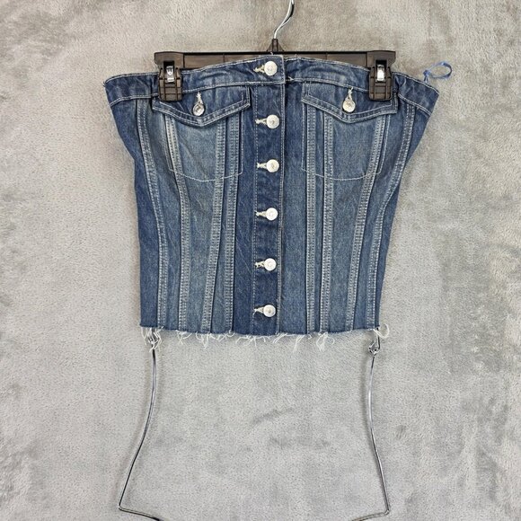 Zara Denim Corset Bustier Top Womens Large Blue Button Front Smocked Strapless - Picture 1 of 9